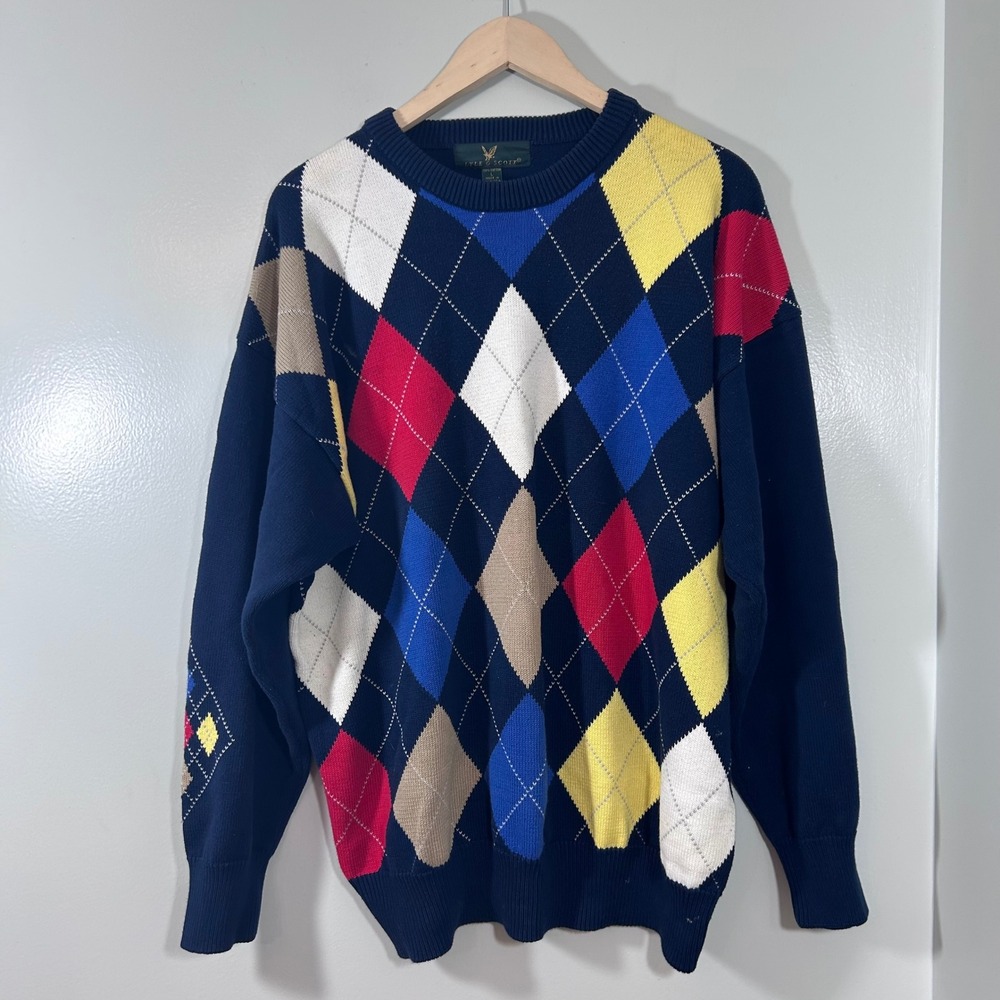 VTG Lyle & Scott Mens Large Argyle Cotton Crewneck Sweater Navy Blue Multi-Color